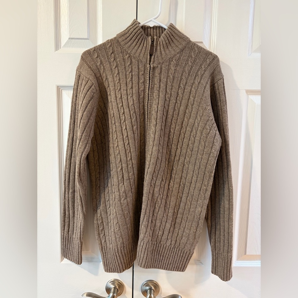 WoolOvers Tan Cable Knit Wool Cardigan Sweater with Pockets Size M